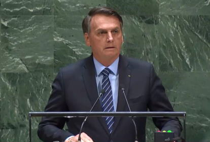 Presidente Jair Bolsonaro em discurso na Assembleia-Geral da ONU, em 2019.