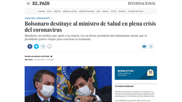 El País: 'Bolsonaro destitui o Ministro de Saúde em plena crise do coronavírus' - 16/04/2020 El País: 'Bolsonaro destitui o Ministro de Saúde em plena crise do coronavírus' - 16/04/2020
