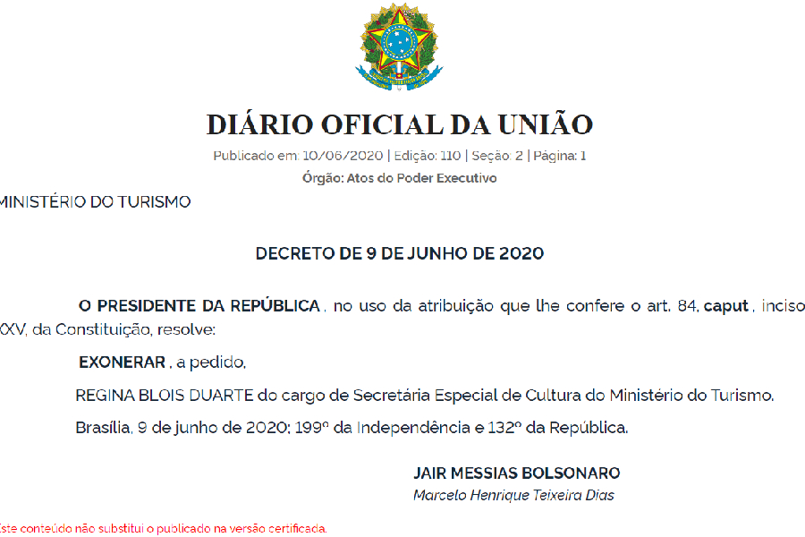 Exoneração Regina Duarte (1) Exoneração Regina Duarte
