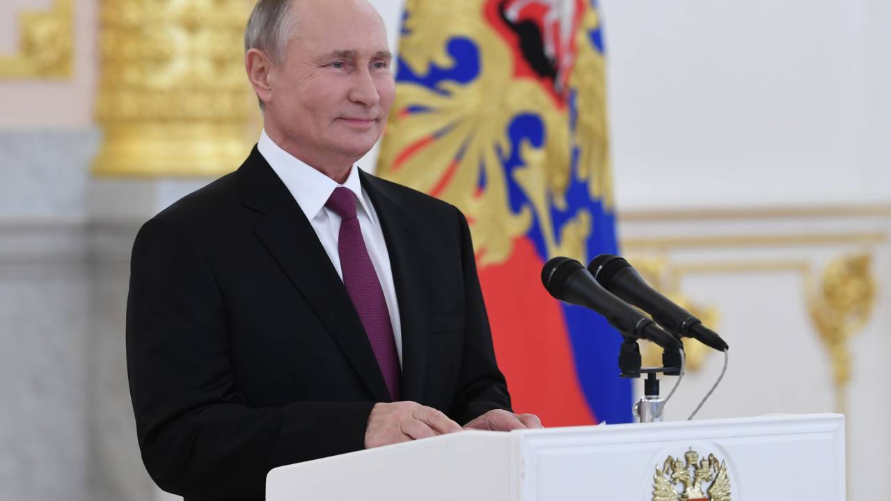 Russian President Vladimir Putin delivers a speech during a ceremony to receive credentials from foreign ambassadors at the Moscow Kremlin's Alexander Hall, in Moscow, on November 24, 2020. (Photo by Alexey NIKOLSKY / Sputnik / AFP)