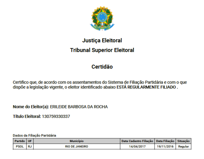 Fac-simile da Certidão de Filiação Partidária de Erileide, presa em decorrência da Operação Intocáveis 2