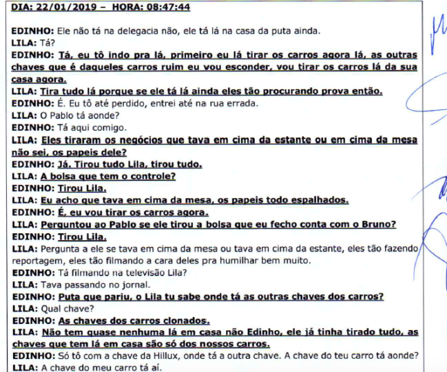 Diálogo travado por Lila e um comparsa; ambos foram indiciados por obstrução à Justiça