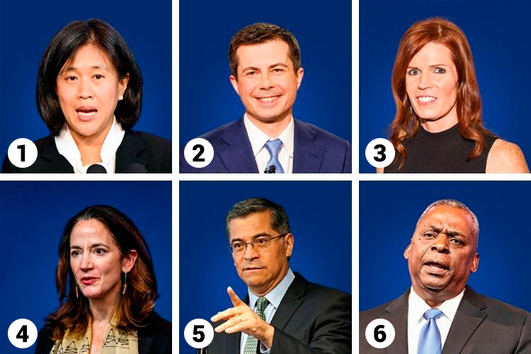 Inter 1 - Katherine Tai: Asiática no comando das negociações comerciais; 2 - Pete Buttigieg: Ex-prefeito gay será secretário de Transporte; 3 - Shawn Skelly: Militar trans na equipe de transição; 4 - Avril Haines: Uma mulher na chefia da Inteligência; 5 - Xavier Becerra: Latino à frente do Departamento de Saúde; 6 - General Lloyd Austin: Primeiro secretário de Defesa negro -
