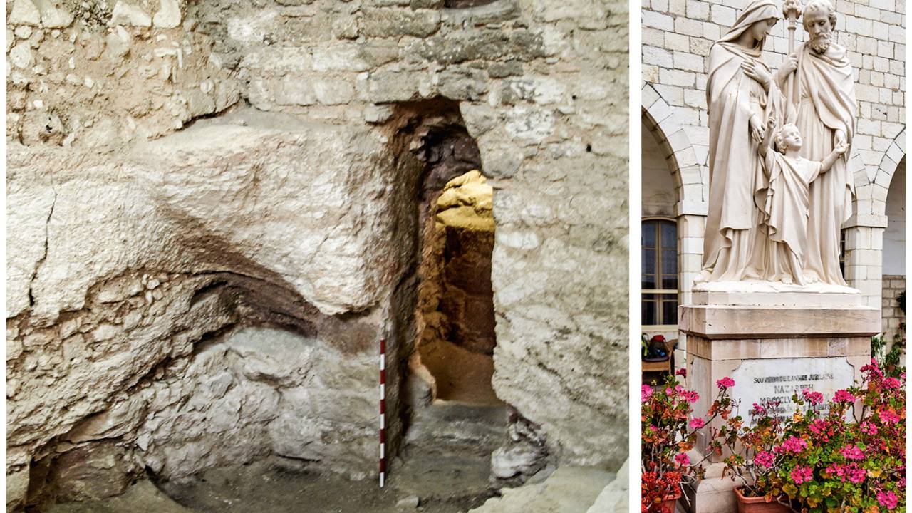 SAGRADA FAMÍLIA - Subterrâneo que teria sido a residência de Jesus (à esq.) e estátua no convento (à dir.): arqueologia e religião -