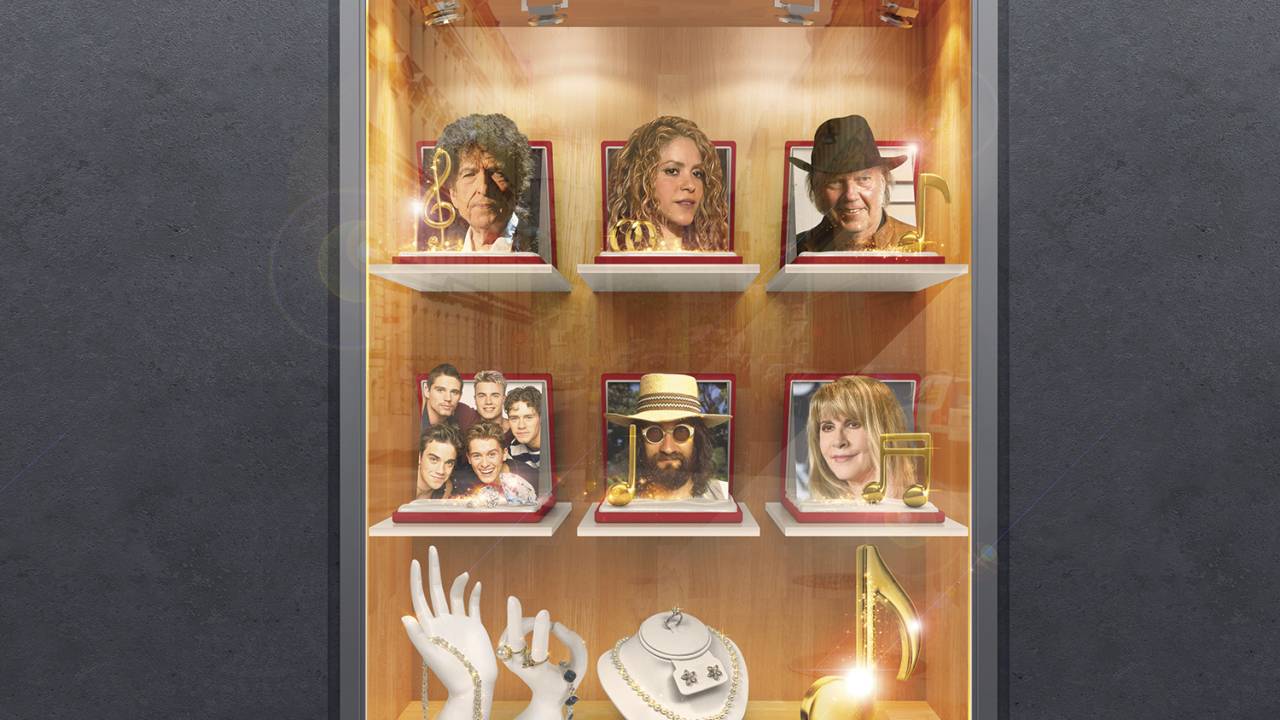 JOIAS NA VITRINE - A partir do topo, da esquerda para a direita, os artistas que venderam nos últimos meses seus catálogos musicais por valores milionários: Bob Dylan, Shakira, Neil Young, a boy band Take That e os dois ex-integrantes do Fleetwood Mac, Mick Fleetwood e Stevie Nicks -