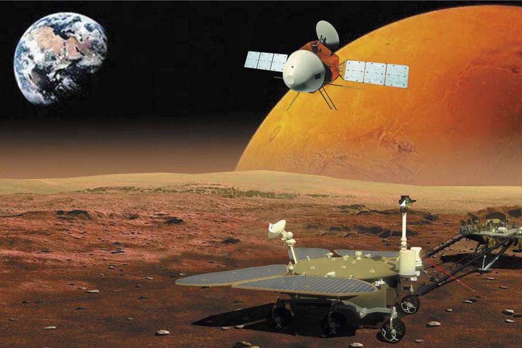 tianwen1.jpg AÇÃO SIMULTÂNEA - Uma sonda na órbita de Marte e, na superfície, nave de pouso e um rover: importante conquista chinesa -