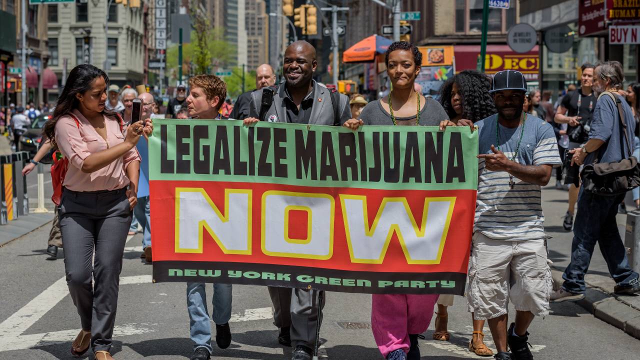 UNION SQUARE PARK, NEW YORK, UNITED STATES - 2018/05/05: The NYC Cannabis Parade and Rally, New Yorks longest running annual pro-cannabis demonstration, returned for its 47th year. The event started in Midtown Manhattan and marched to Union Square Park for an afternoon rally, with a powerful roster of elected officials, including two state legislators and three City Council Members, speaking from stages in Midtown and Union Square Park throughout the day. (Photo by Erik McGregor/LightRocket via Getty Images)