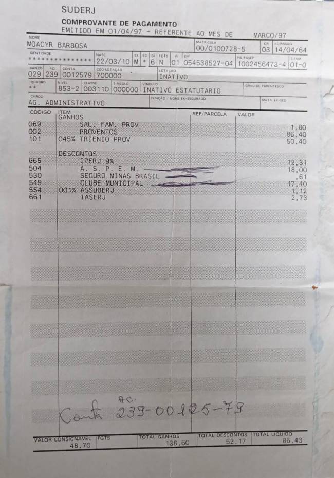 Holerite com os valores que recebia de aposentadoria da prefeitura do Rio de Janeiro –