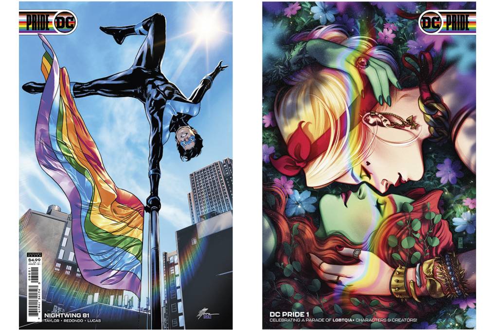 DCPRIDE-Cv1-PRIDE-var-Jen-Bartel.jpg COLEÇÃO TEMÁTICA - DC Pride: Asa Noturna com a bandeira LGBT, e Hera e Arlequina em clima de romance -