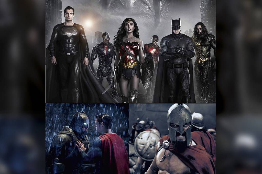 FILME-JUSTICE-LEAGUE-2021-33.jpg ELES TÊM A FORÇA - No alto, Liga da Justiça de Zack Snyder; à esq., Batman vs Superman; e 300: filmes sombrios e de tons exagerados que atraem multidões -