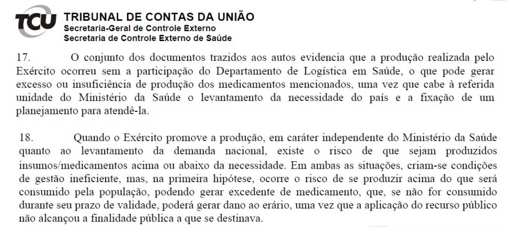 TCU sem autorização Documento do TCU mostra que Exército Brasileiro agiu sem conhecimento do Ministério da Saúde na fabricação de Cloroquina