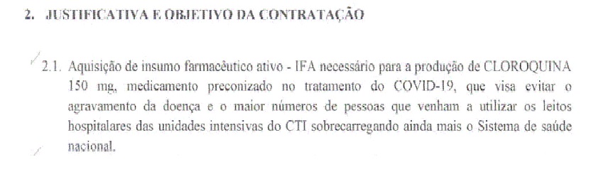 cloroquina dispensa Documento do Exército Brasileiro que justifica a dispensa de licitação para compra de difosfato de cloroquina