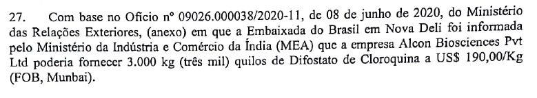 ministerio das relações exteriores Documento do Exército informa que o Ministério das Relações Exteriores trabalhou para garantir compra de cloroquina de empresa indiana