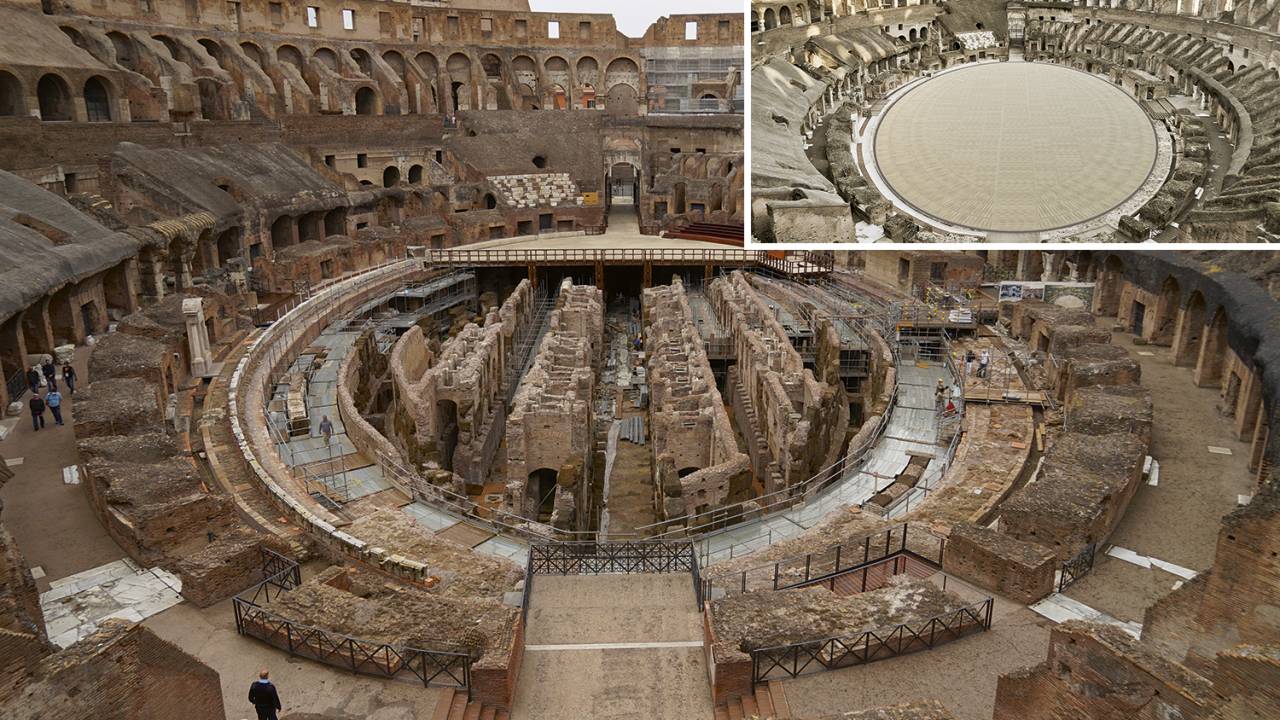 A VISÃO DO GLADIADOR, CERCADO PELO PÚBLICO - O Coliseu de Roma como é hoje (ao lado) e como vai ficar: o projeto prevê um piso eletrônico retrátil e com ripas móveis, que permitirá ao visitante se postar no meio da arena, sem perder a chance de observar o labirinto de corredores no subsolo, que atualmente ficam a céu aberto -