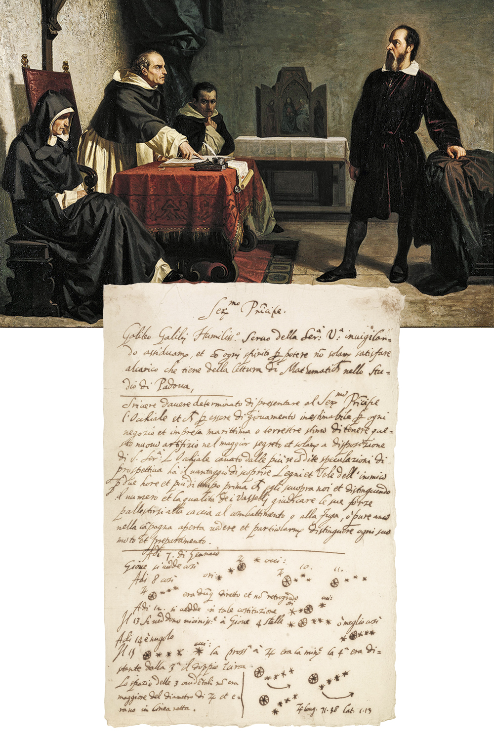 GALILEU-GALILEI-INQUISICAO-637-(1).jpg MENTE INQUIETA - A cena do célebre julgamento e manuscrito com observações sobre planetas (acima): interesses que iam da literatura à astronomia, passando pela música -