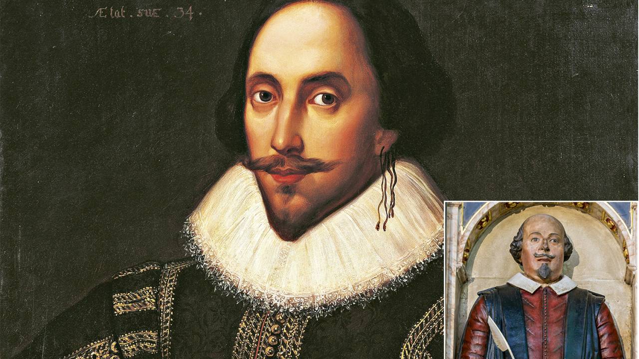 ANTES E DEPOIS - À esq., o retrato póstumo do bardo por Coblitz; À dir., o busto de sua tumba: a escultura seria, afinal, representação fiel do autor inglês -
