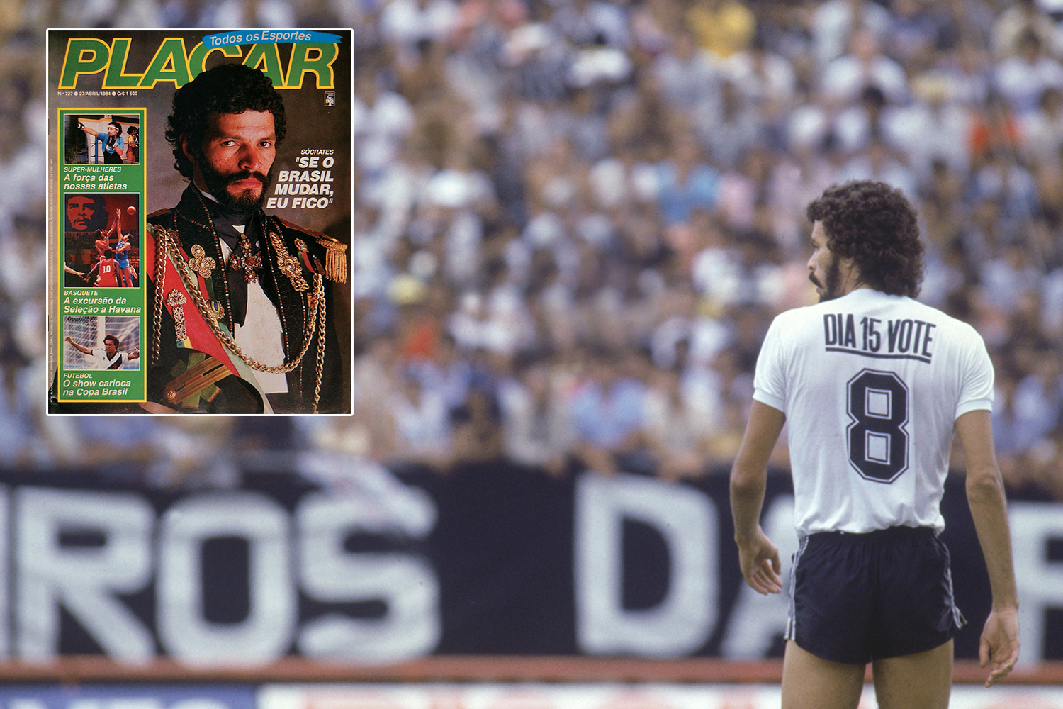 Sócrates,  jogador do Corinthians, usando camisa com os dizeres “Dia 15 vote”.