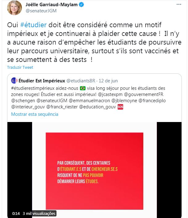 tuite franca Senadora francesa Joëlle Garriaud-Maylam apoiou movimento de estudantes brasileiros no Twitter