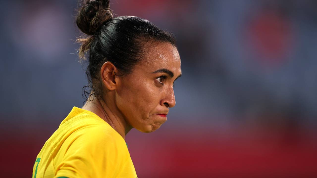 RIFU, MIYAGI, JAPAN - JULY 30: Marta #10 of Team Brazil looks on during the Women's Quarter Final match between Canada and Brazil on day seven of the Tokyo 2020 Olympic Games at Miyagi Stadium on July 30, 2021 in Rifu, Miyagi, Japan. (Photo by Koki Nagahama/Getty Images)