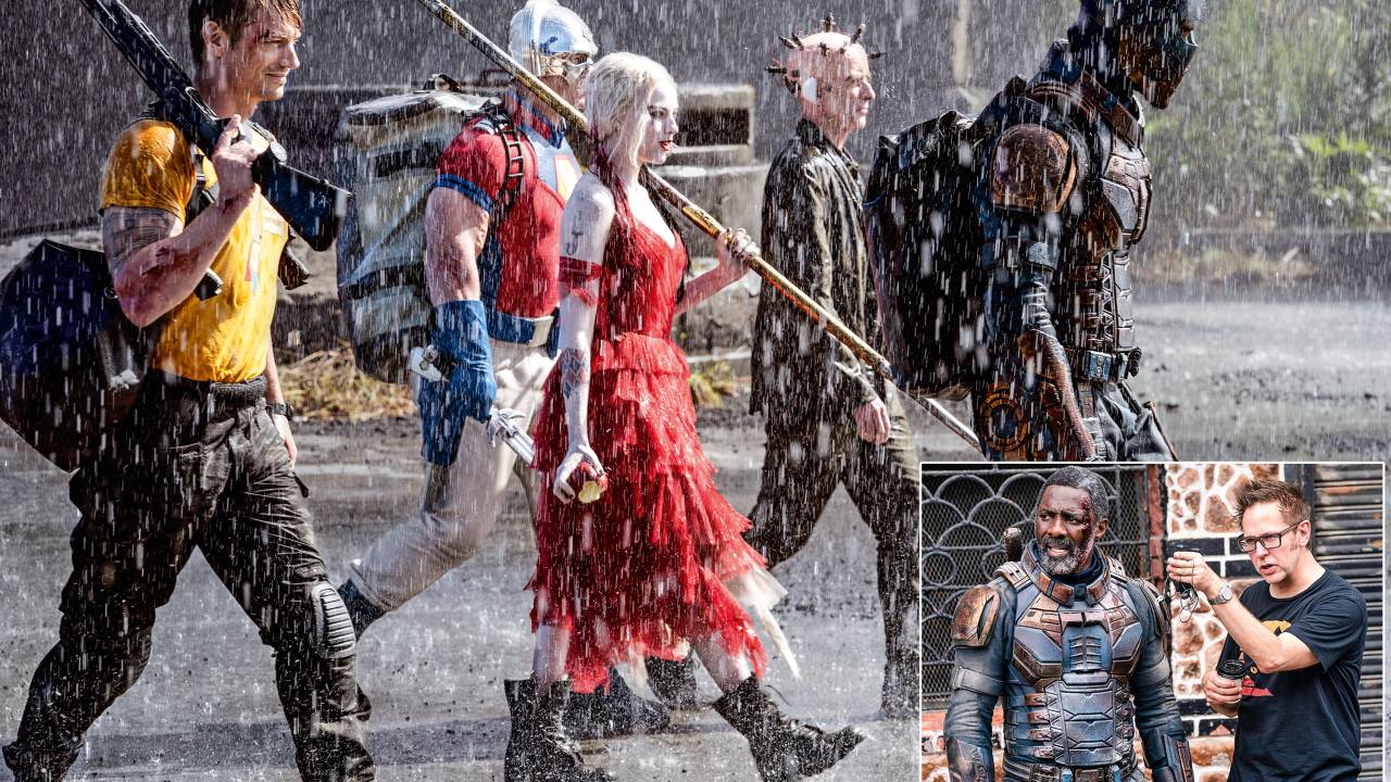 AGORA, SIM - Da esq. para a dir., Kinnaman, John Cena, Robbie, Peter Capaldi e Elba e, no detalhe, Gunn com Idris Elba: zigue-zague inédito entre a Marvel e a DC -