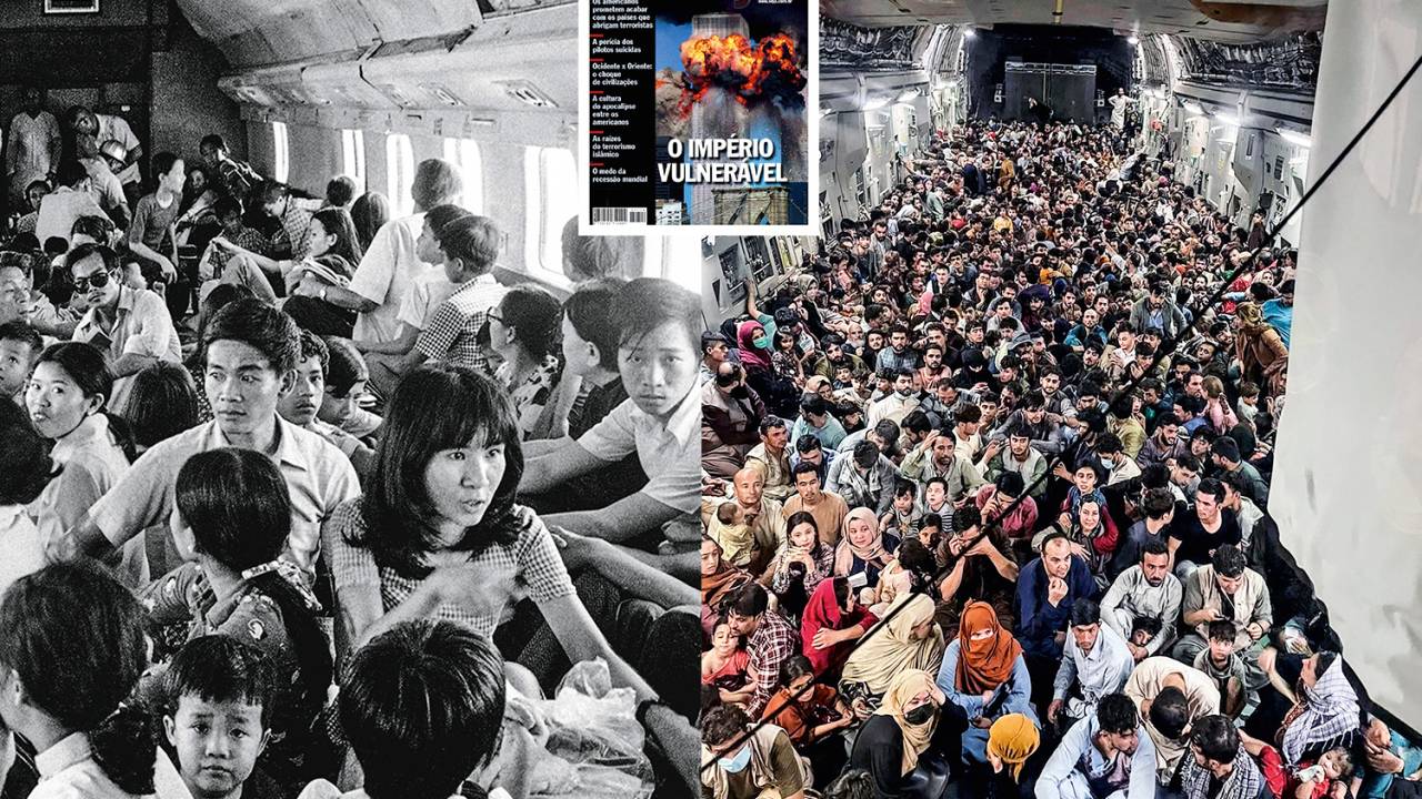 BUSCA PELA LIBERDADE - Refugiados lotam avião para escapar da guerra no Vietnã, em 1975, e afegãos desesperados saem de Cabul: fuga do radicalismo, cujo apogeu foram os atentados de 11 de setembro -