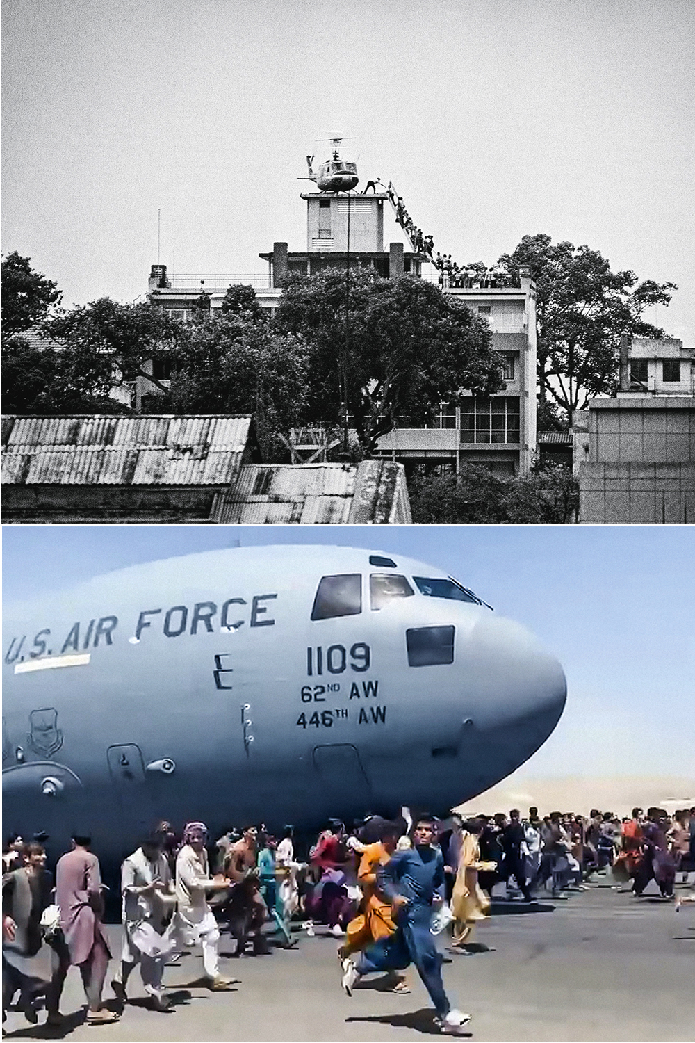 dois momentos 2 PELO AR - Caos na pista do aeroporto de Cabul: tentativa desesperada de embarcar nos aviões militares para escapar do país reavivou na memória a fila por um lugar no último helicóptero a deixar Saigon, em 1975 -