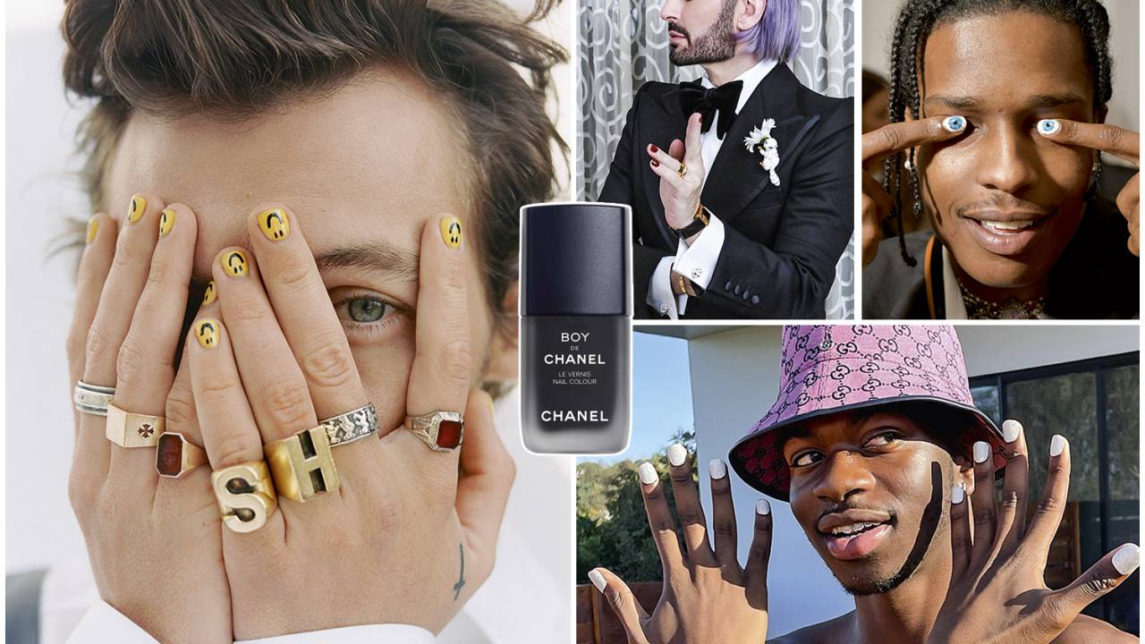 POR QUE NÃO? - Cores e emojis: em sentido horário, o cantor Harry Styles, o estilista Marc Jacobs e os rappers A$AP Rocky e Lil Nas X puxam a tendência que agora dá liberdade a eles para enfeitar as mãos como quiserem. Atenta, a centenária marca Chanel lançou esmaltes em tons que os homens adoram -