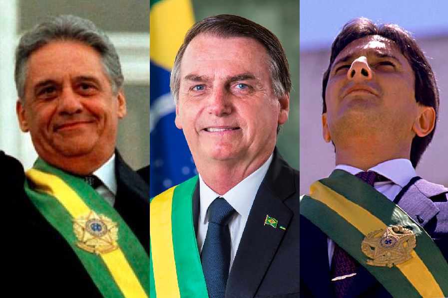 FHC, Bolsonaro e Collor, com a faixa presidencial: nenhum deles era favorito a um ano da eleição