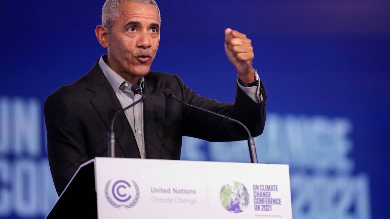 GLASGOW, SCOTLAND - NOVEMBER 08: Former US President Barack Obama delivers a speech while attending day nine of the COP26 at SECC on November 8, 2021 in Glasgow, Scotland. Day Nine of the 2021 climate summit in Glasgow will focus on delivering the practical solutions needed to adapt to climate impacts and address loss and damage. This is the 26th "Conference of the Parties" and represents a gathering of all the countries signed on to the U.N. Framework Convention on Climate Change and the Paris Climate Agreement. The aim of this year's conference is to commit countries to net-zero carbon emissions by 2050. (Photo by Christopher Furlong/Getty Images)