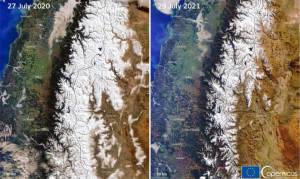 andes Imagens do satélite Copernicus mostram redução do nível de neve.