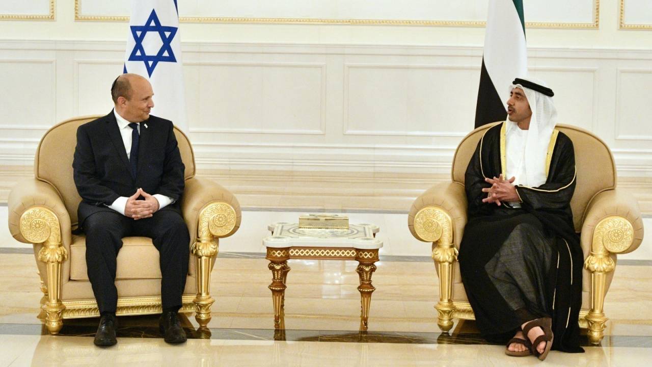 ABU DHABI, UAE - DECEMBER 12: (----EDITORIAL USE ONLY â MANDATORY CREDIT - ISRAELI GOVERNMENT PRESS OFFICE (GPO) / HANDOUT" - NO MARKETING NO ADVERTISING CAMPAIGNS - DISTRIBUTED AS A SERVICE TO CLIENTS----) Israeli Prime Minister Naftali Bennett (L) welcomed by Abu Dhabi Crown Prince Mohammed bin Zayed Al Nahyan (R) in Abu Dhabi, United Arab Emirates on December 12, 2021. (Photo by Israeli Government Press Office (GPO) / Handout/Anadolu Agency via Getty Images)