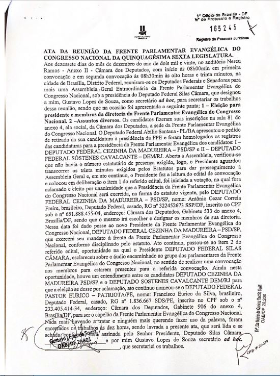 ATA - Documento registra entendimento entre Sóstenes Cavalcante e Cezinha de Madureira e foi assinado por mais de 30 parlamentares