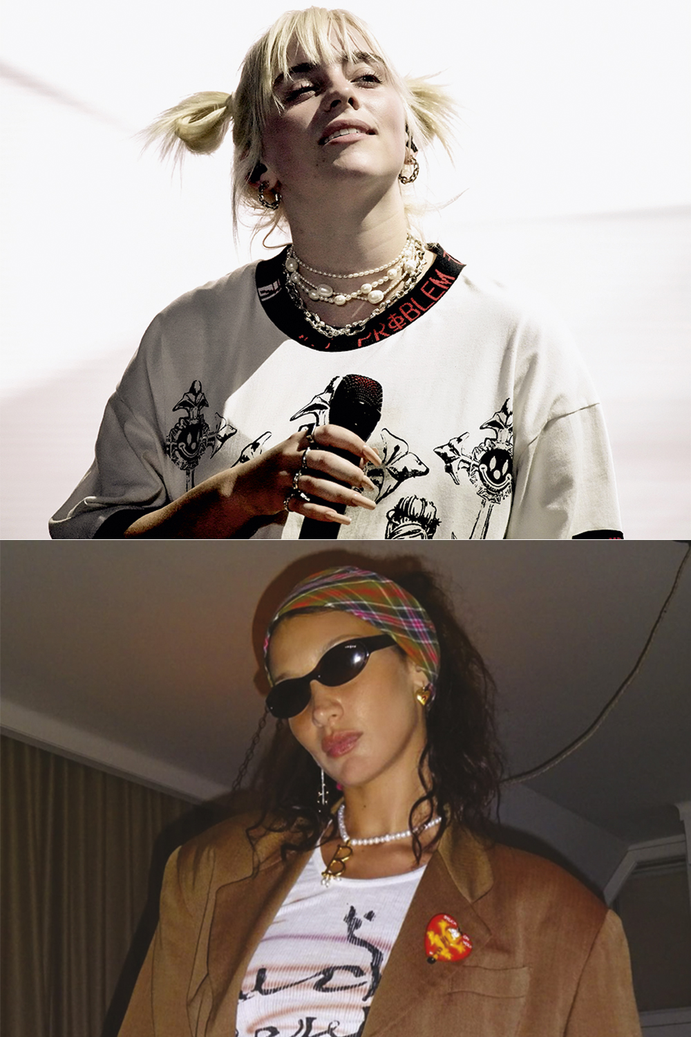 GettyImages-1341400153.jpg APENAS UM TOQUE - Informal: Billie Eilish (acima) e a modelo Bella Hadid adoram sobrepor colares para compor um visual despojado, mas nem tanto -