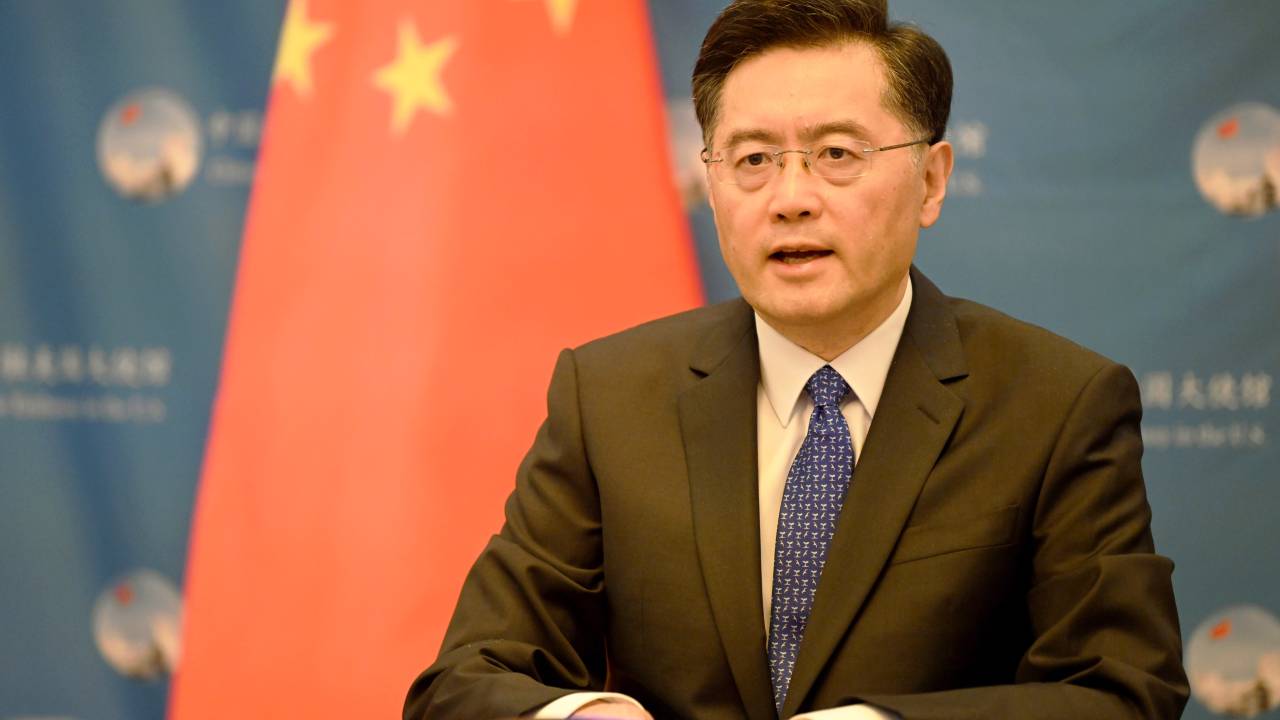 WASHINGTON, DC - OCTOBER 13: Chinese ambassador to the United States Qin Gang makes statement at an online symposium jointly held by Chinese Embassy and Consulates General in the US to commemorate the 110th anniversary of the Revolution of 1911, on October 13, 2021 in Washington, DC. (Photo by Chen Mengtong/China News Service via Getty Images)