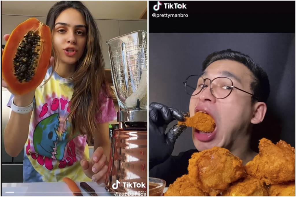 REDE-SOCIAL-GABI-1.png MEU BEM, MEU MAL - Em lados opostos da rede: Gabriela Sahade (à esq.) dá o bom exemplo, enquanto o mukbang (à dir.) prega a comilança -
