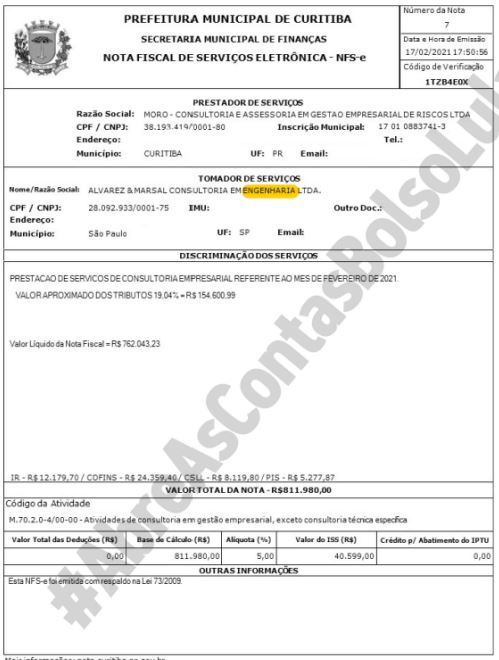 Nota fiscal emitida por empresa de Moro questionada no pedido do Prerrogativas à PGR