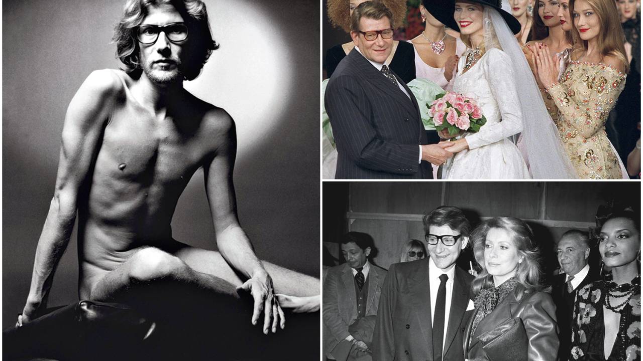 NA VANGUARDA - Uma vida em três atos: o retrato feito em 1971 (à esq.), chocou a sociedade conservadora; com a ex-modelo Claudia Schiffer (de noiva, em desfile) e ao lado de Catherine Deneuve, a bela da tarde -
