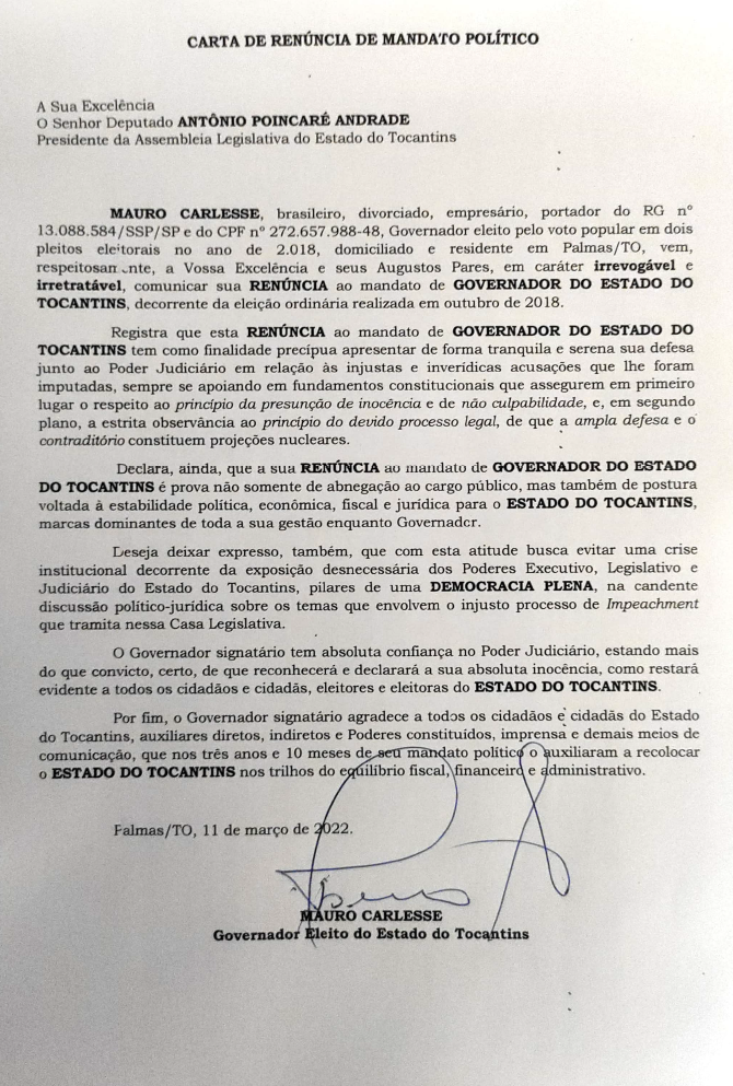carlesse – carta de renuncia divulgação