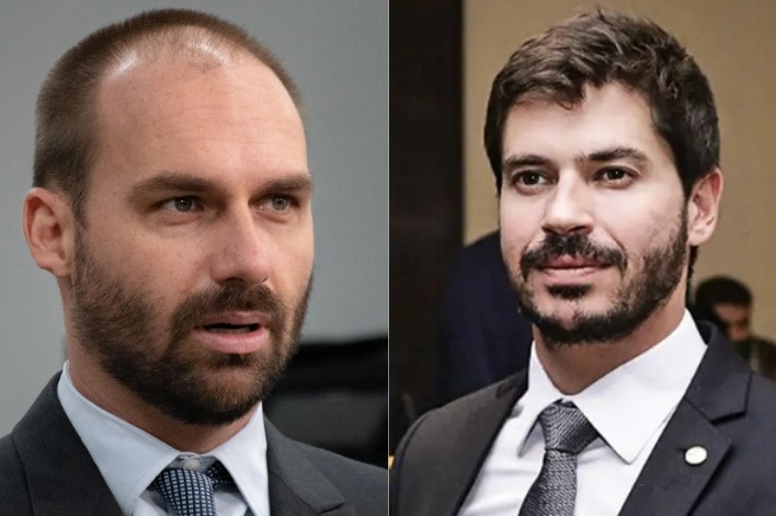 O deputado Eduardo Bolsonaro (PL-SP) e o deputado Júnior Bozzella (UB-SP)