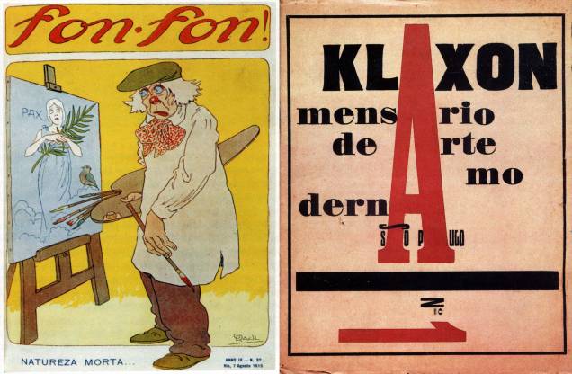 Revista Fon-Fon, uma sátira `a arte européia e a revista Klaxon, mensário de arte moderna de São Paulo, ambas expostas na Semana de Arte Moderna de 1922. Revista Fon-Fon, uma sátira `a arte européia e a revista Klaxon, mensário de arte moderna de São Paulo, ambas expostas na Semana de Arte Moderna de 1922.
