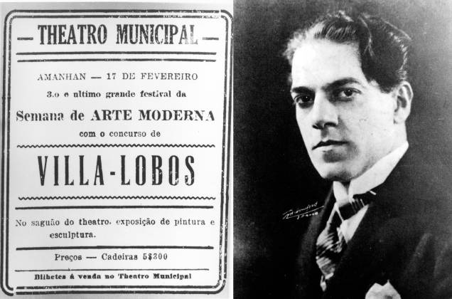 Cartaz do Teatro Municipal do Rio de Janeiro anunciando o evento "Semana de Arte Moderna", atração de Heitor Villa-Lobos, em 1922. Cartaz do Teatro Municipal do Rio de Janeiro anunciando o evento "Semana de Arte Moderna", atração de Heitor Villa-Lobos, em 1922.