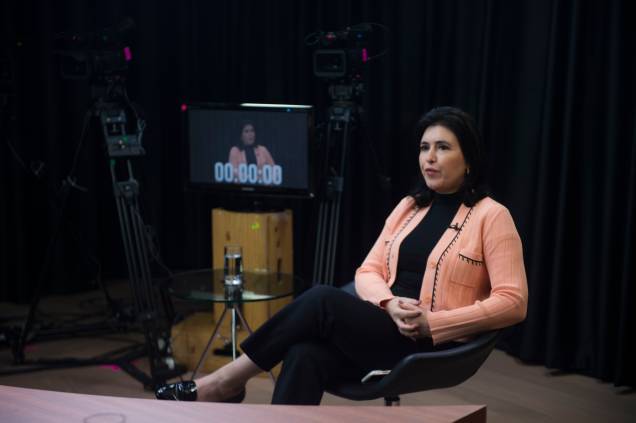 A pré-candidata para presidência Simone Tebet durante a gravação do programa Amarelas On Air, de Veja - A pré-candidata para presidência Simone Tebet durante a gravação do programa Amarelas On Air, de Veja -