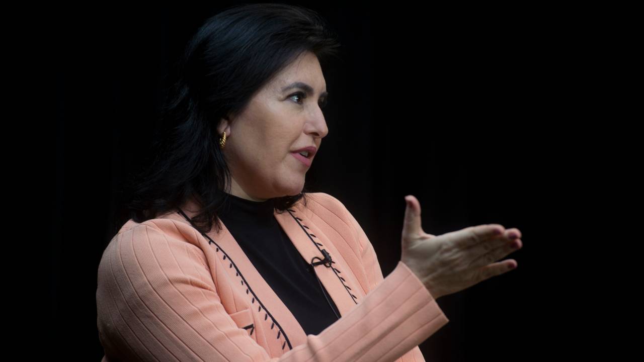 A pré-candidata presidência Simone Tebet durante a gravação do programa Amarelas On Air, de Veja -