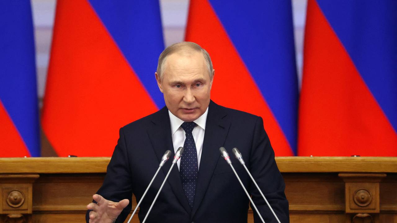 Russian President Vladimir Putin gives a speech at a meeting of advisory council of the Russian parliament in Saint Petersburg on April 27, 2022.Alexandr Demyanchuk / SPUTNIK / AFP
