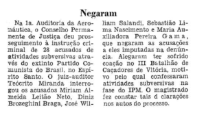 Jornal da época que informa sobre denúncia de Miriam Leitão