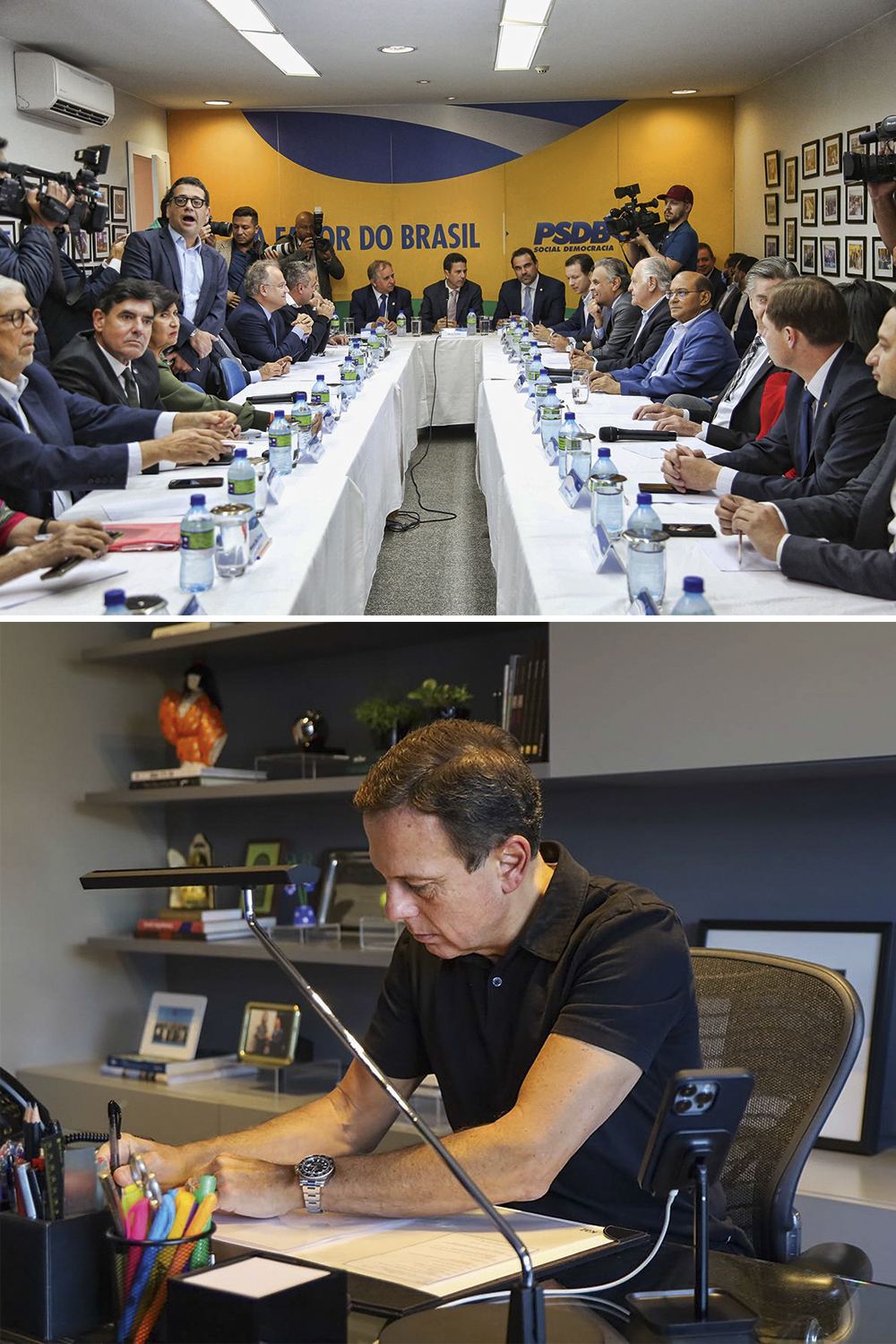 ABRE-REUNIÃO-PSDB-2022-02.jpeg2 LADOS OPOSTOS - Dirigentes tucanos, em Brasília, e João Doria, em São Paulo: o partido quer a desistência do ex-governador, mas a queda de braço pode se arrastar até a convenção da sigla -