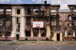 An exterior view of a destroyed school in northeast Kharkiv SOKOLNYKY, KHARKIV, UKRAINE - 2022/04/22: An exterior view of a destroyed school in northeast Kharkiv. A school that used to be occupied by Russian soldiers is now in Ukraine's hands, as Ukrainian troops have recaptured the area. (Photo by Alex Chan Tsz Yuk/SOPA Images/LightRocket via Getty Images)