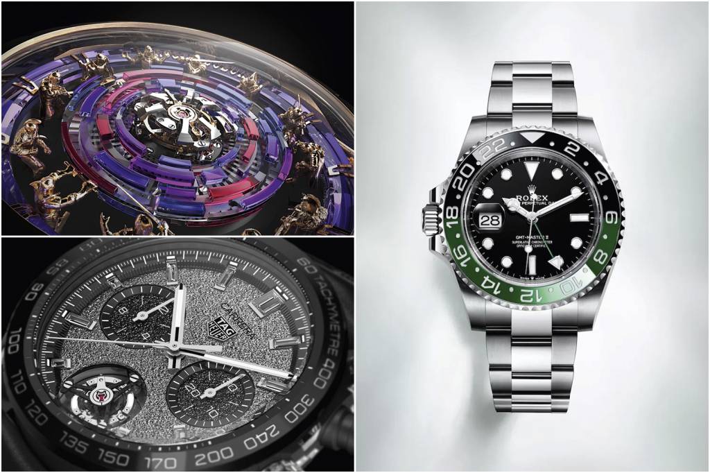 ROLEX-GMT-MARTER-II.jpg DESEJO - O Rolex (à dir.); um Roger Dubuis com os cavaleiros da Távola Redonda (acima, à esq.); e os diamantes cravejados do Tag Heuer: fila -