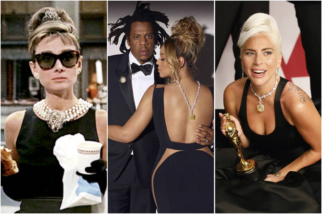 Getty-Images-1191107808.jpg BRILHO - A Tiffany encanta famosas: Audrey Hepburn em cena de Bonequinha de Luxo e o célebre diamante amarelo ornando as costas de Beyoncé e o colo de Lady Gaga -