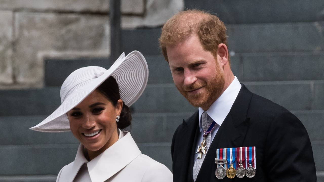 LONDON, UNITED KINGDOM - JUNE 03: Prince Harry, Duke of Sussex and Meghan, Duchess of Sussex leave St Paul's Cathedral after attending Service of Thanksgiving for The Queen's during the Platinum Jubilee celebrations in London, United Kingdom on June 03, 2022. Millions of people in the UK are set to join the four-day celebrations marking the 70th year on the throne of Britain's longest-reigning monarch, Queen Elizabeth II, with over a billion viewers expected to watch the festivities around the world. (Photo by Wiktor Szymanowicz/Anadolu Agency via Getty Images)
